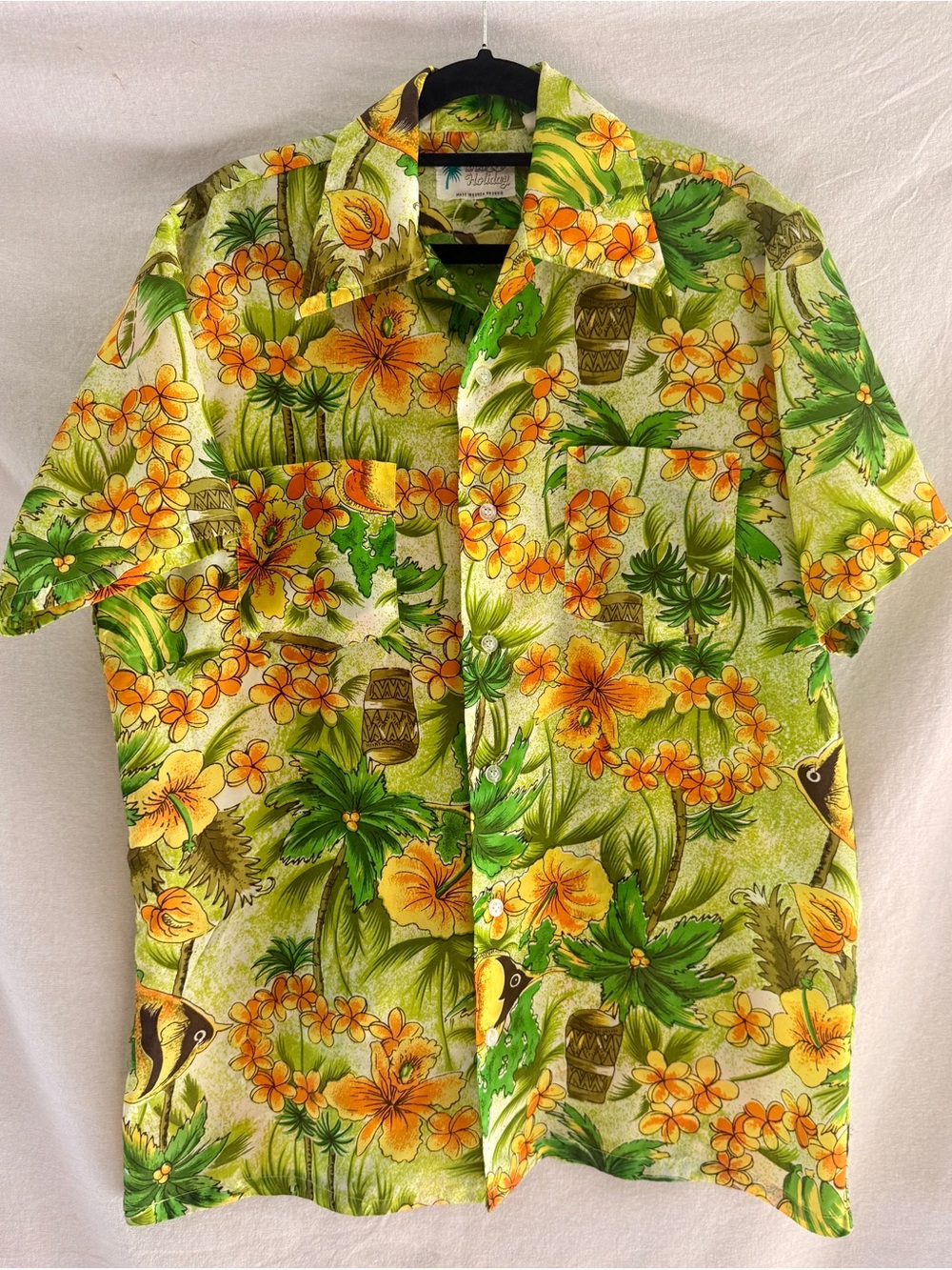 Vintage Men's Tropical Print Short-Sleeve Button-Down Shirt - Green & Yellow